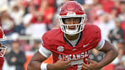 Arkansas Razorbacks quarterback KJ Jackson on the field against the Texas A&M Aggies at Razorback Stadium in Fayetteville, Ark.