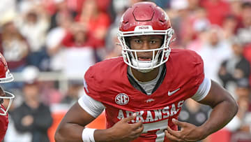 Arkansas Razorbacks quarterback KJ Jackson on the field against the Texas A&M Aggies at Razorback Stadium in Fayetteville, Ark.