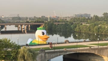 The Oregon Ducks are joining the Big Ten Conference in style. For their innaugral Big Ten Media Days in Indianapolis, Oregon busted out a massive inflatable Duck to float the White River in downtown Indianapolis