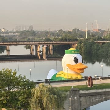 The Oregon Ducks are joining the Big Ten Conference in style. For their innaugral Big Ten Media Days in Indianapolis, Oregon busted out a massive inflatable Duck to float the White River in downtown Indianapolis