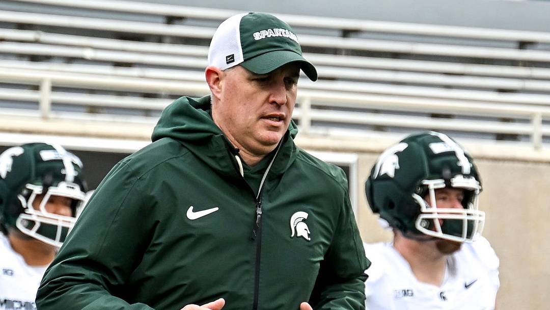 Michigan State's head coach Pat Fitzgerald and the Spartans takes the field during the football Spring Showcase on Saturday, April 18, 2026, at Spartan Stadium in East Lansing.