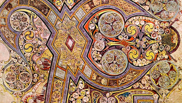 A detail of the Chi Rho monogram in the Book of Kells, a priceless illustrated manuscript from the Middle Ages.