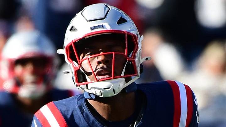 Oct 26, 2025; Foxborough, Massachusetts, USA;  New England Patriots safety Jaylinn Hawkins (21) celebrates an interception during the third quarter against the Cleveland Browns at Gillette Stadium. Mandatory Credit: Bob DeChiara-Imagn Images