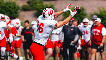 Wisconsin Badgers tight end Lance Mason hauls in a catch during fall camp. Photo courtesy of UW Athletics.