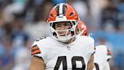 Aug 8, 2025; Charlotte, North Carolina, USA; Cleveland Browns linebacker Carson Schwesinger (49) during the first quarter against the Carolina Panthers at Bank of America Stadium. Mandatory Credit: Jim Dedmon-Imagn Images