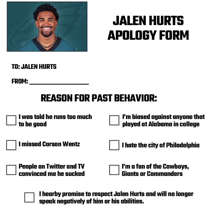 Jalen Hurts apology letter for the Philadelphia Eagles quarterback.