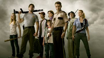 Amy (Emma Bell), Shane Walsh (Jon Bernthal), Glenn (Steven Yeun), Carl Grimes (Chandler Riggs), Lori Grimes (Sarah Wayne Callies), Rick Grimes (Andrew Lincoln), Dale (Jeffrey DeMunn) and Andrea (Laurie Holden) - The Walking Dead - Season 1 - Photo Credit: Matthew Welch / AMC