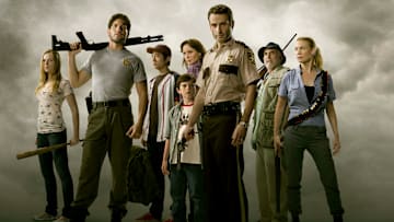 Amy (Emma Bell), Shane Walsh (Jon Bernthal), Glenn (Steven Yeun), Carl Grimes (Chandler Riggs), Lori Grimes (Sarah Wayne Callies), Rick Grimes (Andrew Lincoln), Dale (Jeffrey DeMunn), and Andrea (Laurie Holden) in The Walking Dead season 1