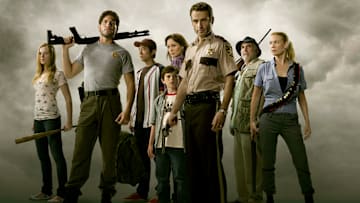 Amy (Emma Bell), Shane Walsh (Jon Bernthal), Glenn (Steven Yeun), Carl Grimes (Chandler Riggs), Lori Grimes (Sarah Wayne Callies), Rick Grimes (Andrew Lincoln), Dale (Jeffrey DeMunn), and Andrea (Laurie Holden) - The Walking Dead season 1