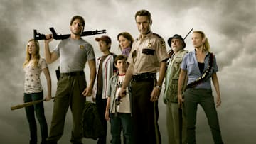 Amy (Emma Bell), Shane Walsh (Jon Bernthal), Glenn (Steven Yeun), Carl Grimes (Chandler Riggs), Lori Grimes (Sarah Wayne Callies), Rick Grimes (Andrew Lincoln), Dale (Jeffrey DeMunn) and Andrea (Laurie Holden) - The Walking Dead - Season 1 - Photo Credit: Matthew Welch / AMC