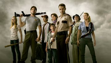 Amy (Emma Bell), Shane Walsh (Jon Bernthal), Glenn (Steven Yeun), Carl Grimes (Chandler Riggs), Lori Grimes (Sarah Wayne Callies), Rick Grimes (Andrew Lincoln), Dale (Jeffrey DeMunn) and Andrea (Laurie Holden) - The Walking Dead - Season 1 - Photo Credit: Matthew Welch / AMC