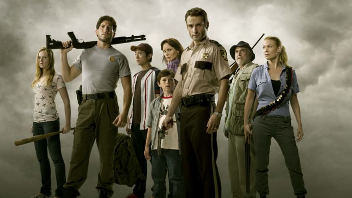 Amy (Emma Bell), Shane Walsh (Jon Bernthal), Glenn (Steven Yeun), Carl Grimes (Chandler Riggs), Lori Grimes (Sarah Wayne Callies), Rick Grimes (Andrew Lincoln), Dale (Jeffrey DeMunn) and Andrea (Laurie Holden) - The Walking Dead - Season 1 - Photo Credit: Matthew Welch / AMC