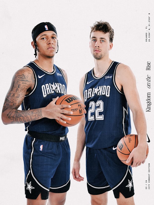 Paolo Banchero and Franz Wagner, forwards for the Orlando Magic, debut the Magic's 2023-24 City Edition uniforms.