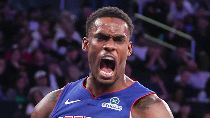 Apr 19, 2025; New York, New York, USA; Detroit Pistons center Jalen Duren (0) reacts after scoring against the New York Knicks in Game One of the First Round of the NBA Playoffs at Madison Square Garden. Mandatory Credit: Wendell Cruz-Imagn Images