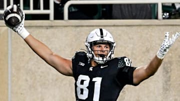 Michigan State's Michael Masunas celebrates after a touchdown catch against Boston College during the second quarter on Saturday, Sept. 6, 2025, at Spartan Stadium in East Lansing.