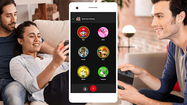 Key photo for Nintendo Switch Online voice chat showing two players playing Switch with a screenshot of the app overlaid