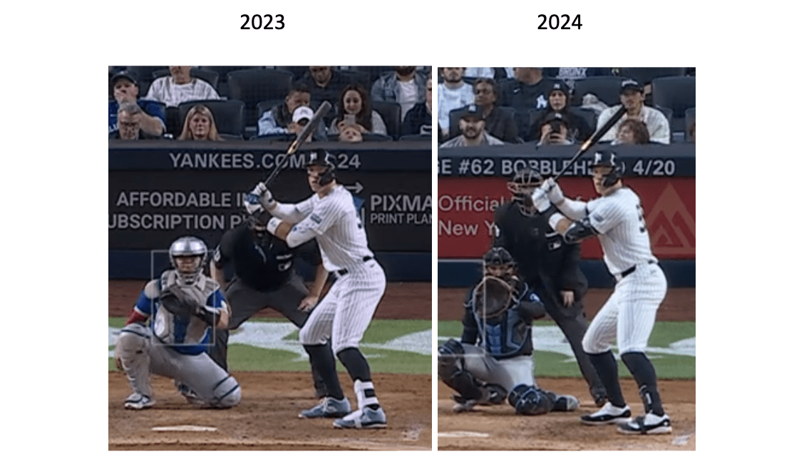 Side-by-side comparison of Aaron Judge’s stance in 2023 and 2024