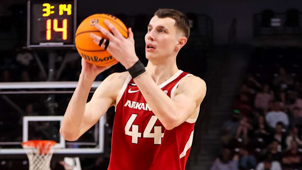 Razorbacks forward Zvonimir Ivisic (44) attempts a three point basket against South Carolina