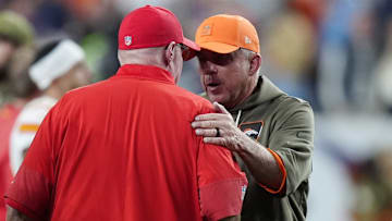 Nov 16, 2025; Denver, Colorado, USA; Denver Broncos head coach Sean Payton greets Kansas City Chiefs head coach Andy Reid following the game at Mile High. 