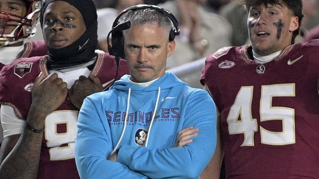 Nov 1, 2025; Tallahassee, Florida, USA; Florida State Seminoles head coach Mike Norvell during the first quarter against the Wake Forest Demon Deacons at Doak S. Campbell Stadium. Mandatory Credit: Melina Myers-Imagn Images