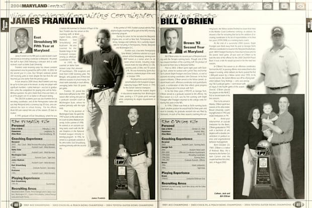 Pages from the 2004 Maryland football media guide show James Franklin and Bill O'Brien.