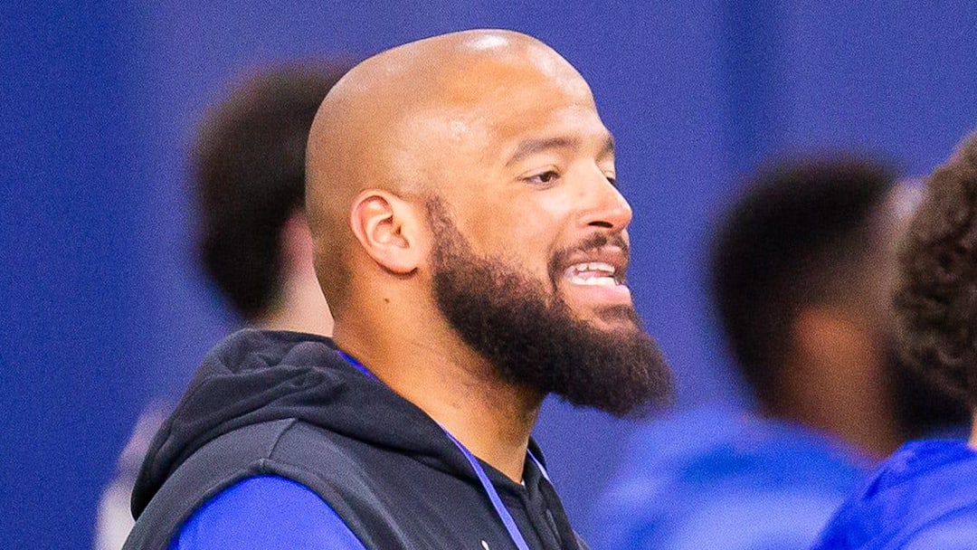 New Florida offensive line coach Jonathan Decoster runs blocking drills during Florida Gators’ last open Spring football practice before the Orange and Blue Game at Sanders Practice Fields in Gainesville, FL on Tuesday, April 9, 2024. [Doug Engle/Gainesville Sun]
