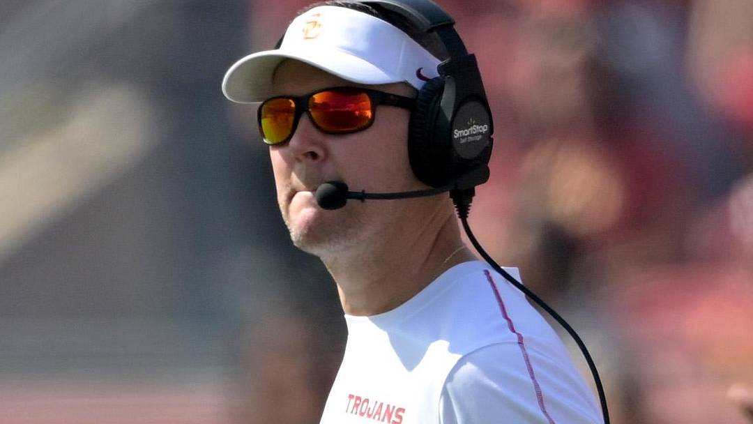 Oct 12, 2024; Los Angeles, California, USA;  USC Trojans head coach Lincoln Riley during a time out against the Penn State Nittany Lions in the first half at United Airlines Field at Los Angeles Memorial Coliseum. Mandatory Credit: Jayne Kamin-Oncea-Imagn Images