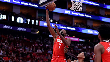 Oct 27, 2025; Houston, Texas, USA; Houston Rockets forward Kevin Durant (7) shoots inside against the Brooklyn Nets during the first quarter at Toyota Center. Mandatory Credit: Erik Williams-Imagn Images