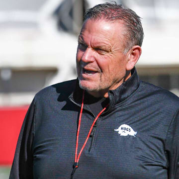 Arkansas Razorbacks coach Sam Pittman at spring practice on the outdoor practice fields in Fayetteville, Ark.