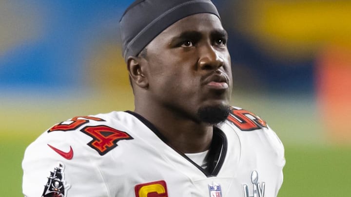 Feb 4, 2021; Tampa, FL, USA;  Tampa Bay Buccaneers linebacker Lavonte David (54) against the Kansas City Chiefs in Super Bowl LV at Raymond James Stadium.  Mandatory Credit: Mark J. Rebilas-Imagn Images