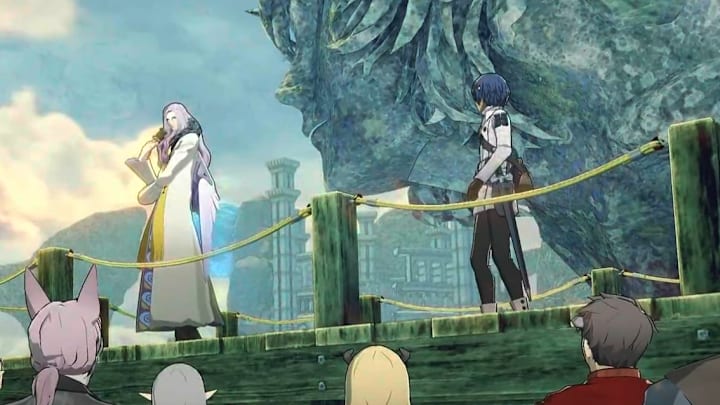 Standing on a debate platform against a tall lilac-haired man in Metaphor: ReFantazio