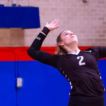 Water Valley volleyball's McCaylen Woods (2) serves the ball in a matchup against Bronte at San Angelo Central in 2024. Woods and the Wildcats will play in the Class 1A finals on Nov. 20. 