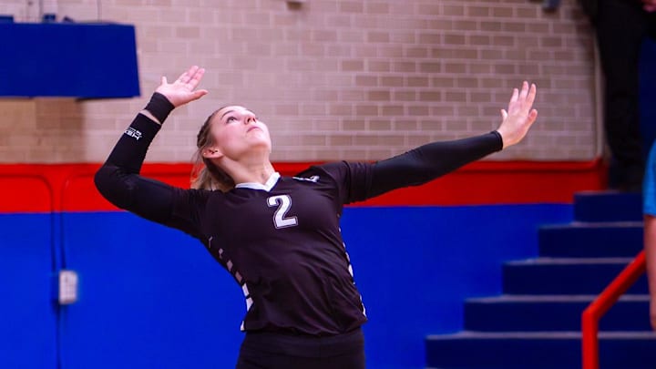 Water Valley volleyball's McCaylen Woods (2) serves the ball in a matchup against Bronte at San Angelo Central in 2024. Woods and the Wildcats will play in the Class 1A finals on Nov. 20. 