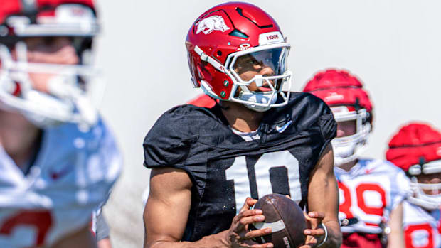 Razorbacks quarterback Taylen Green during spring practice drills