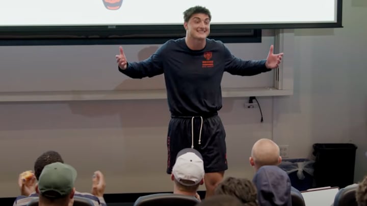 Colston Loveland showed off the vocals for his rookie skit. Colston Loveland showed off the vocals for his rookie skit.