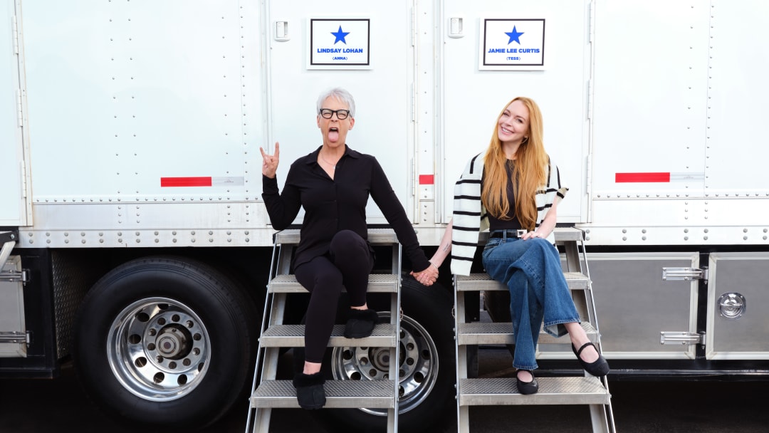 (L-R): Jamie Lee Curtis and Lindsay Lohan on the set of the sequel to "Freaky Friday". Photo by Andrew Eccles. © 2024 Disney Enterprises, Inc. All Rights Reserved.