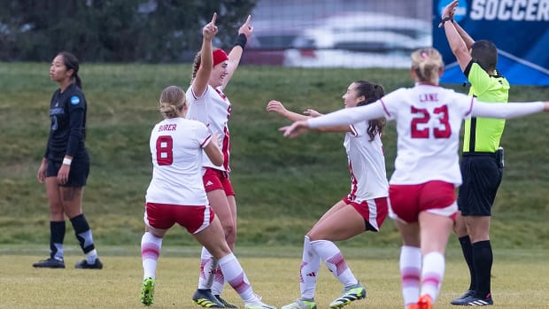Nebraska soccer players celebrate a goal against UC Irvine the third round of the NCAA Tournament.