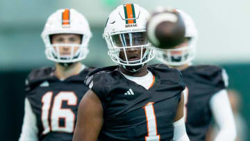 Miami quarterback Cam Ward (1) at this past spring practice in the Carol Soffer Indoor Practice Facility at the University of Miami on Monday, March 4, 2024 in Coral Gables. Mandatory Credit: Matias J. Ocner - Miami Herald