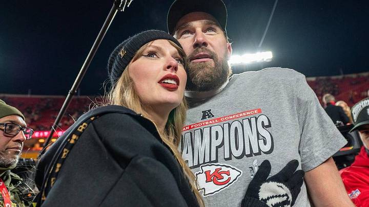 Taylor Swift and Travis Kelce after the Chiefs won the AFC Championship game in January.