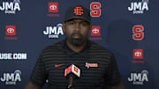 October 27, 2025; Syracuse, New York, USA; Syracuse coach Fran Brown addresses the media at his weekly news conference at the John A. Lally Athletics Complex. Mandatory Credit: Screen shot courtesy Syracuse University Athletic Communications 