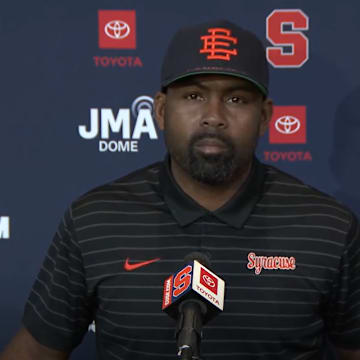 October 27, 2025; Syracuse, New York, USA; Syracuse coach Fran Brown addresses the media at his weekly news conference at the John A. Lally Athletics Complex. Mandatory Credit: Screen shot courtesy Syracuse University Athletic Communications 