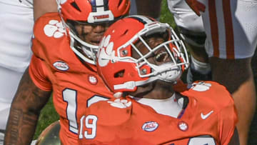 Nov 4, 2023; Clemson, South Carolina, USA; Clemson Tigers defensive lineman DeMonte Capehart (19) reacts after tackling Notre Dame Fighting Irish running back Audric Estime (7) during the first quarter at Memorial Stadium. Mandatory Credit: Ken Ruinard-USA TODAY Sports