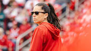Arkansas Razorbacks coach Courtney Deifel looks on at Bogle Park as the Razorbacks take on No.1 Oklahoma