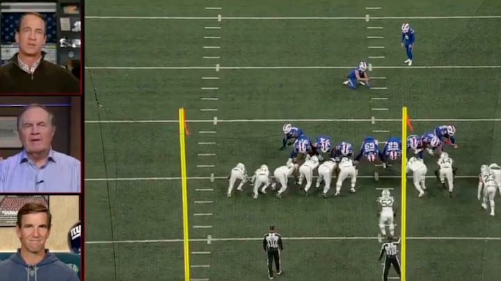 Bill Belichick reacts to Buffalo Bills kicker Tyler Bass's missed extra point against the New York Jets. Bill Belichick reacts to Buffalo Bills kicker Tyler Bass's missed extra point against the New York Jets.