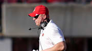 Louisville Cardinals football head coach Jeff Brohm in the late fourth quarter of their 51-17 win over visiting Eastern Kentucky University on August 30, 2025 at L&N Credit Union Stadium.