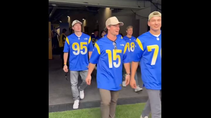 Members of the Colorado Avalanche walk the field before a Los Angeles Rams game. Members of the Colorado Avalanche walk the field before a Los Angeles Rams game.