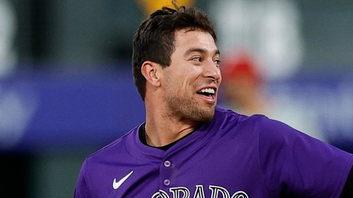 May 20, 2025; Denver, Colorado, USA; Colorado Rockies right fielder Tyler Freeman (2) reacts after a play in the fourth inning against the Philadelphia Phillies at Coors Field