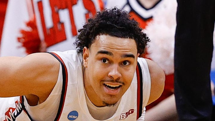 Mar 20, 2025; Denver, CO, USA; Wisconsin Badgers guard John Tonje (9) looks on during the second half against the Montana Grizzlies in the first round of the NCAA Tournament at Ball Arena. Mandatory Credit: Isaiah J. Downing-Imagn Images