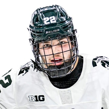 Michigan State's Isaac Howard celebrates his goal during the second period in the game against Ohio State on Saturday, Feb. 24, 2024, at Munn Arena in East Lansing.
