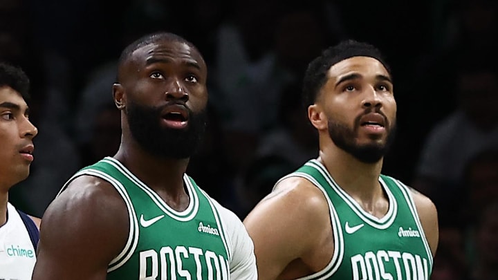 Mar 6, 2026; Boston, Massachusetts, USA; Boston Celtics guard Jaylen Brown (7) and forward Jayson Tatum (0) watch the Jumbotron during the second quarter against the Dallas Mavericks at TD Garden. Mandatory Credit: Winslow Townson-Imagn Images